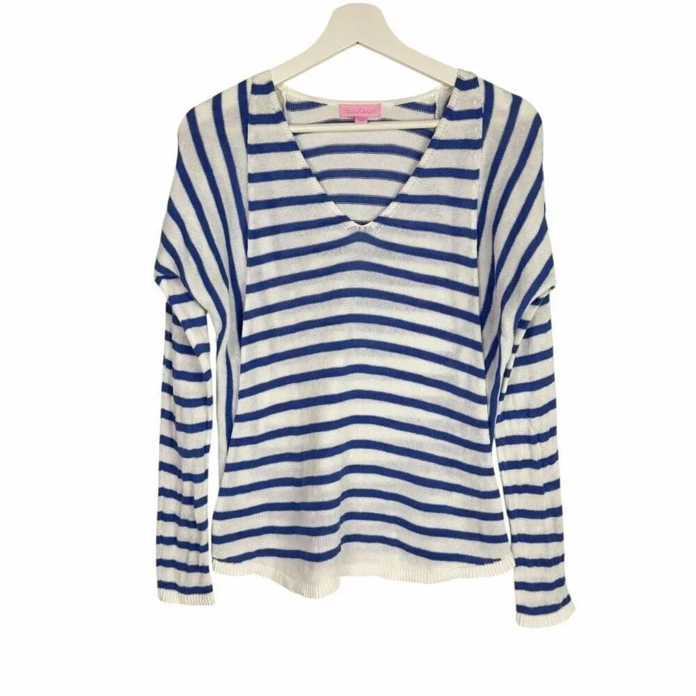 Lilly Pulitzer Women's Size Small Stasia Sweater Blue White Striped V Neck Cotto